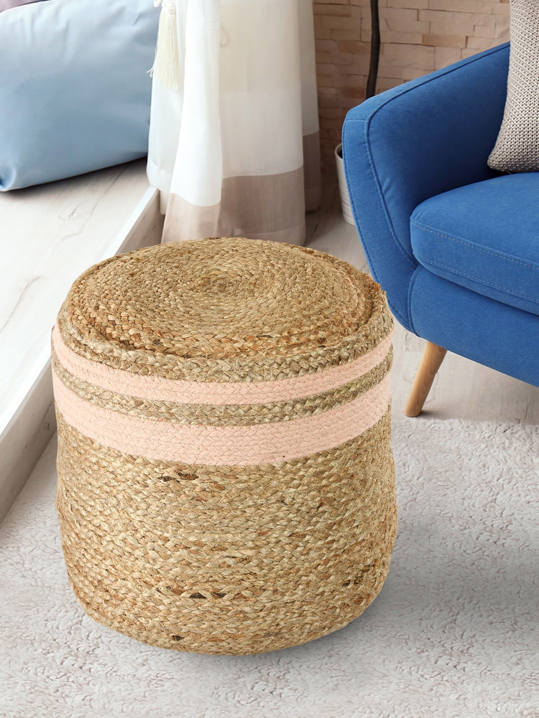 

SASHAA WORLD Beige & Pink Braided Round Shaped Pouf Ottomans