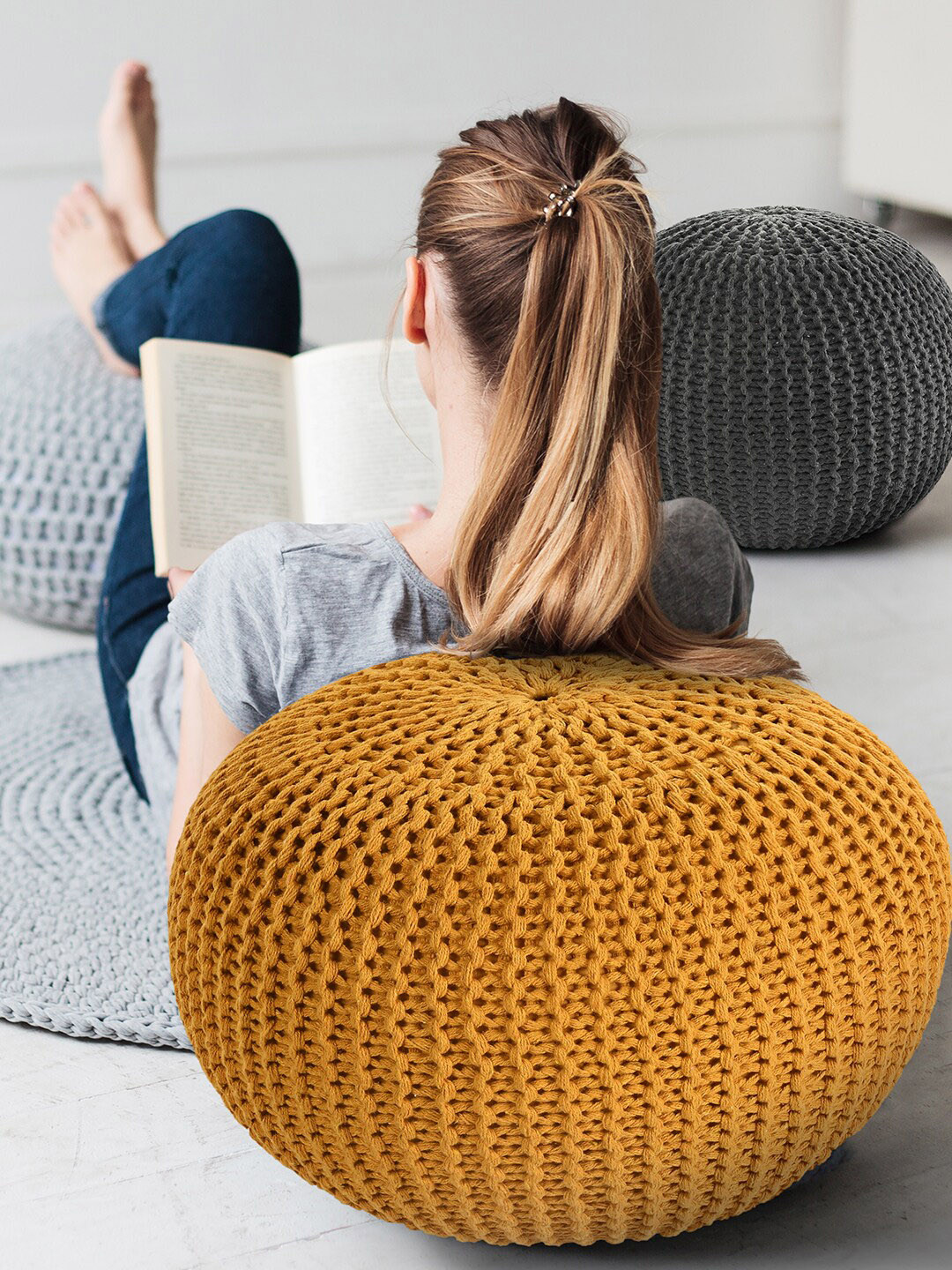 

SASHAA WORLD Yellow Round Knitted Pouf Ottomans