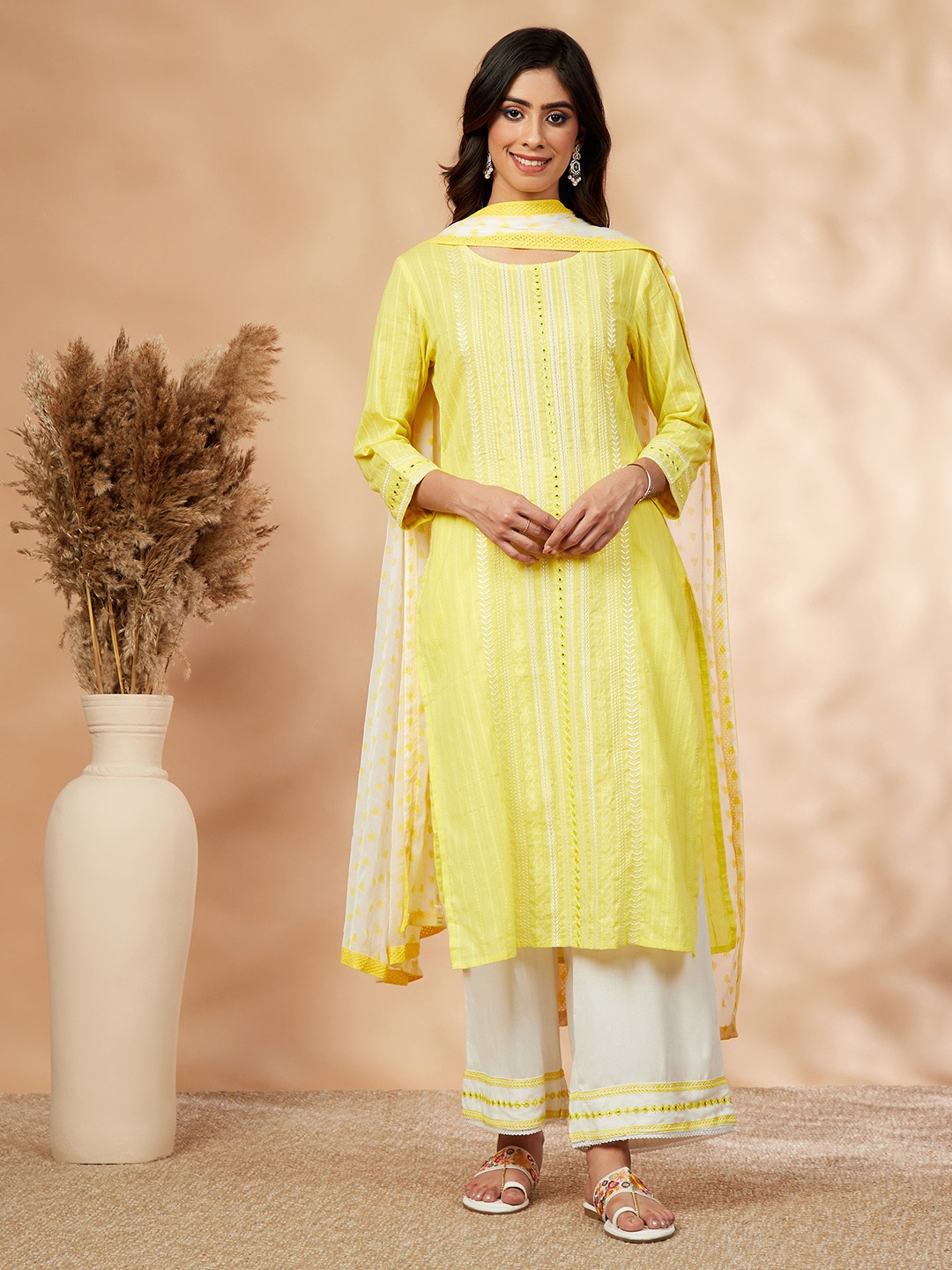 

IMARA Ethnic Motifs Embroidered Kurta with Trousers & With Dupatta, Yellow