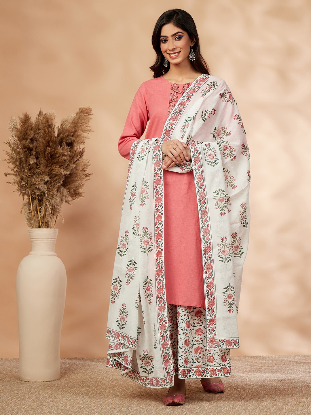 

IMARA Floral Embroidered Regular Kurta with Palazzos & With Dupatta, Pink