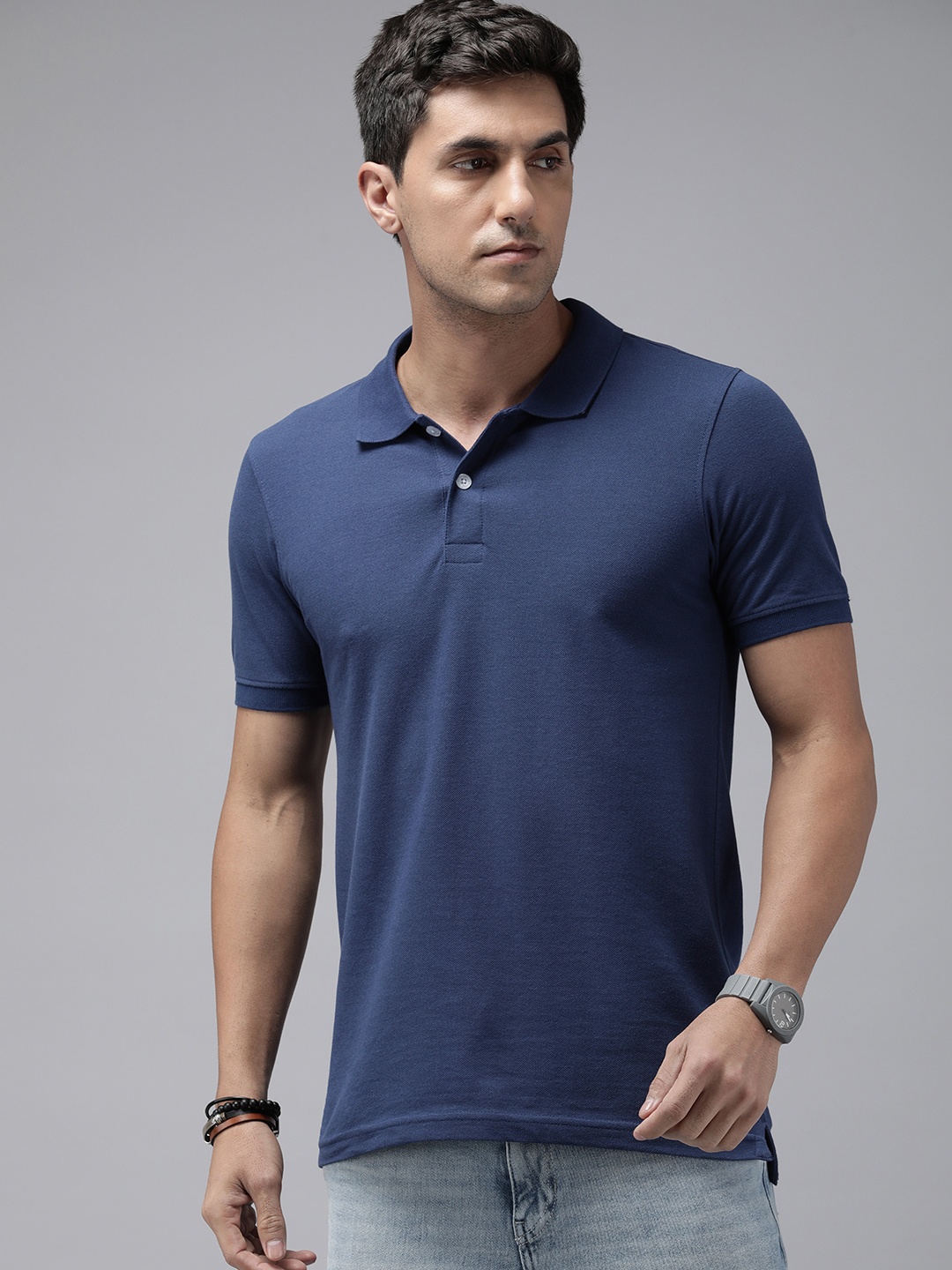 

Roadster Men Polo Collar T-shirt, Navy blue