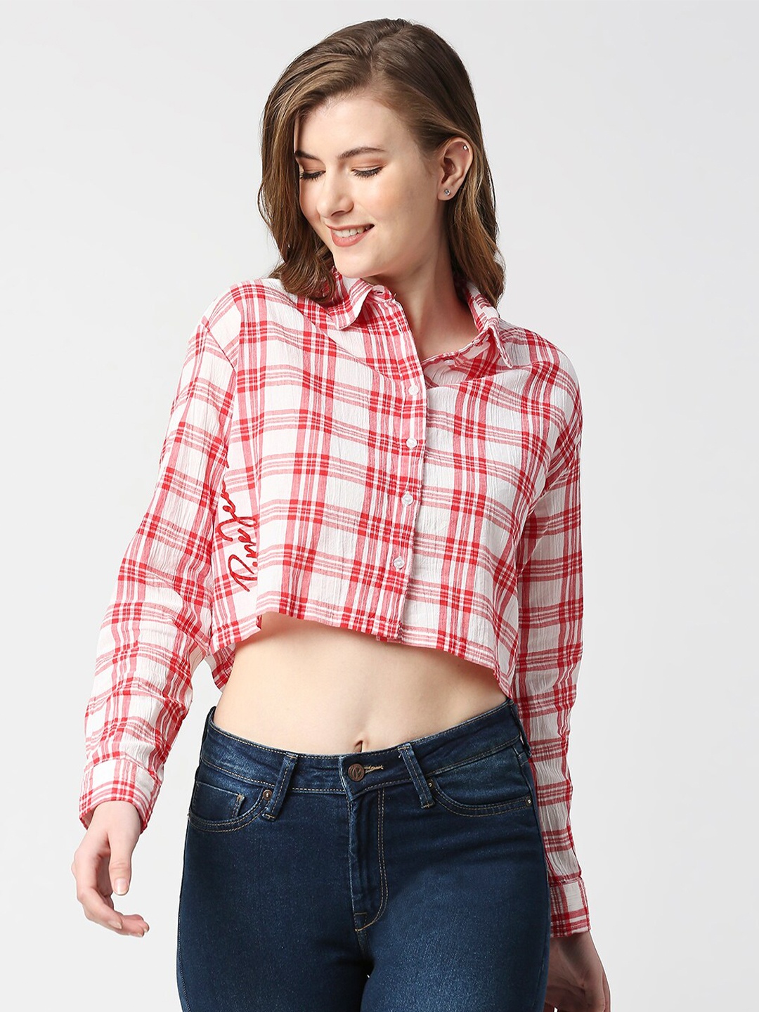 

Pepe Jeans Tartan Checked Spread Collar Pure Cotton Crop Casual Shirt, Red