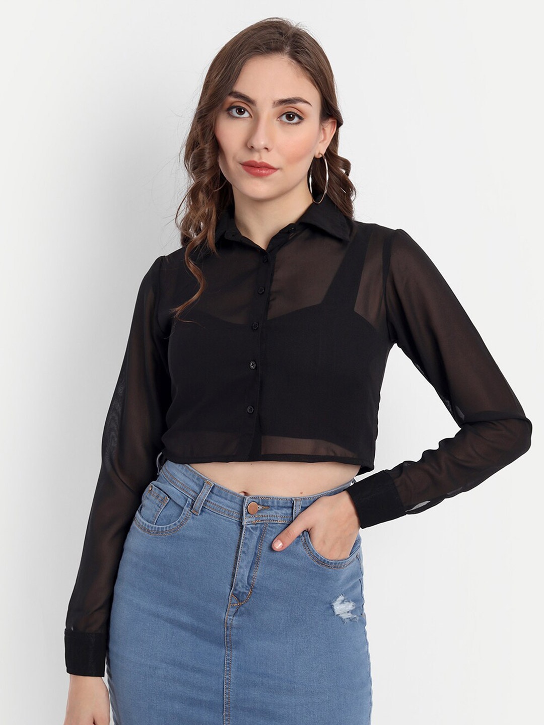 

Emprall Long Sleeves Shirt Style Crop Top, Black