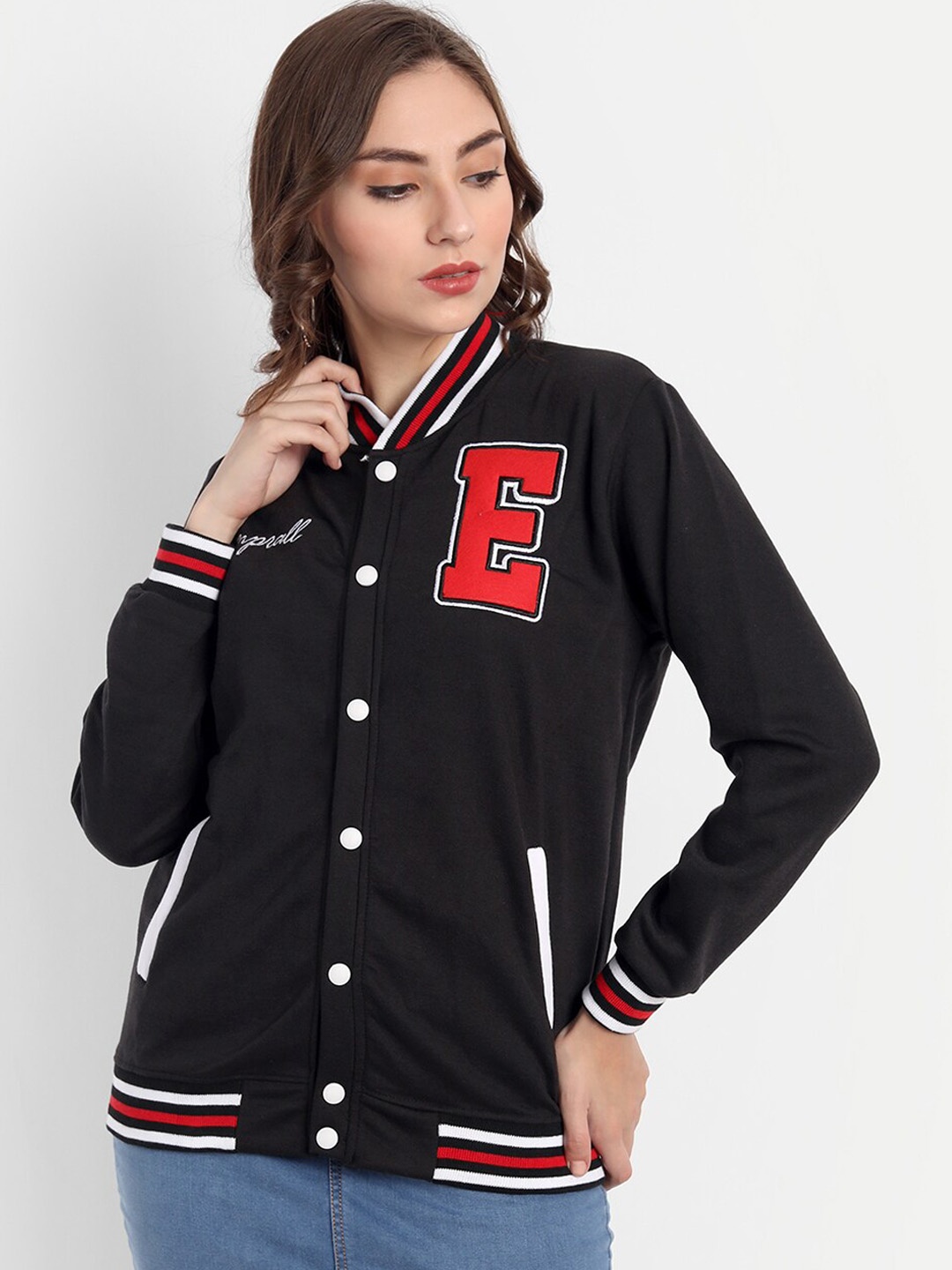 

Emprall Long Sleeves Stand Collar Fleece Varsity Jacket with Embroidered, Black