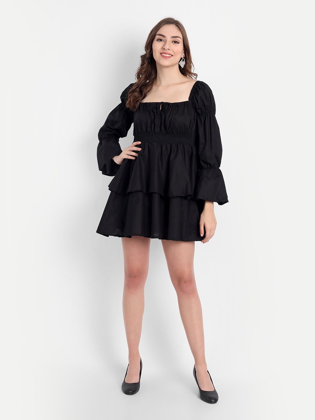 

Emprall Square Neck Smocked Pure Cotton Fit & Flare Mini Dress, Black