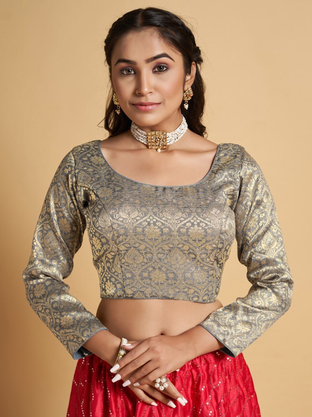 

HIMRISE Full Sleeve Jacquard Saree Blouse, Grey