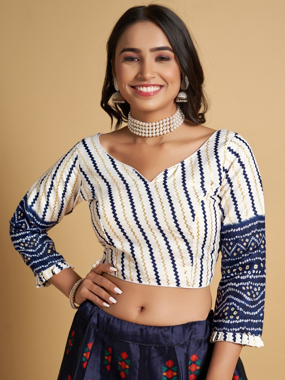 

HIMRISE Plus Size V-Neck Printed Full Sleeve Cotton Saree Blouse, Navy blue