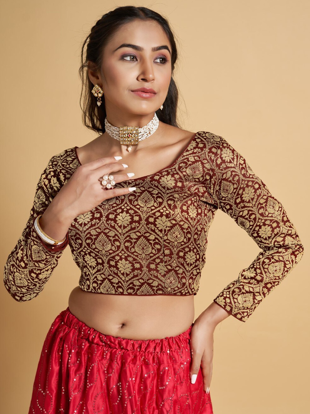 

HIMRISE Plus Size Jacquard Full Sleeve Saree Blouse, Maroon
