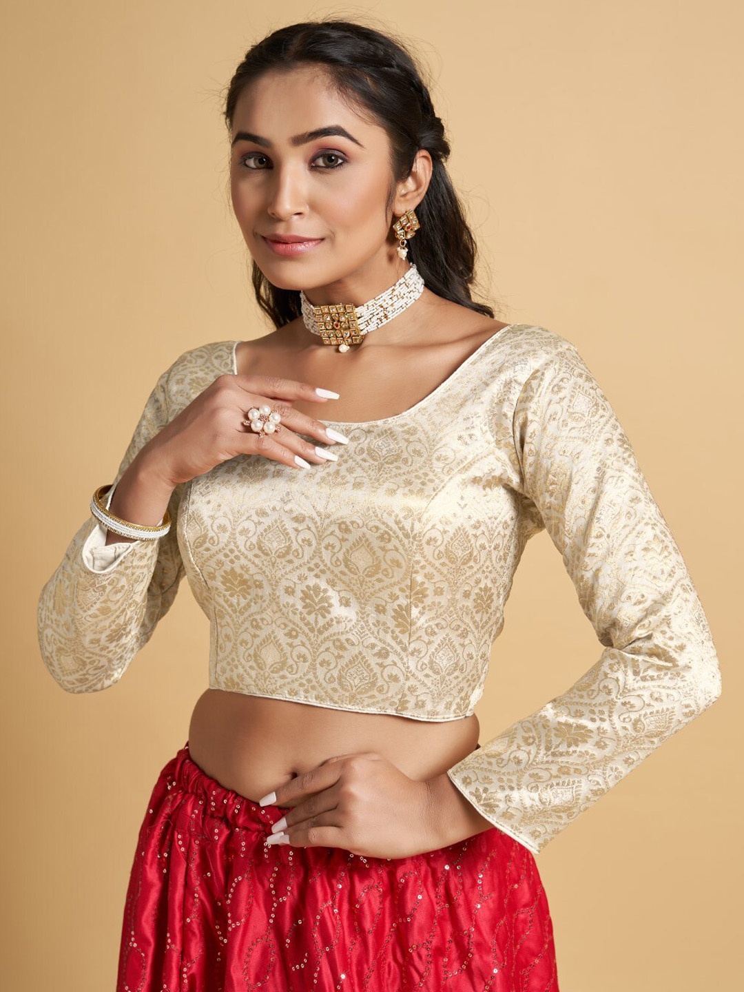 

HIMRISE Plus Size Full Sleeve Jacquard Saree Blouse, Cream