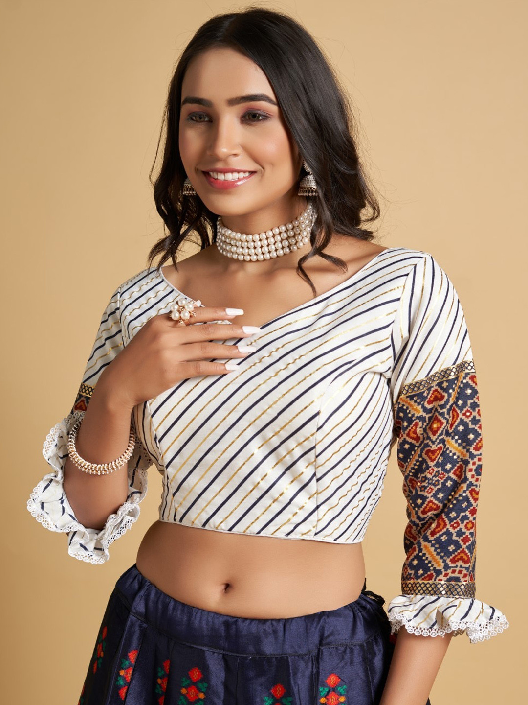 

HIMRISE Plus Size V-Neck Printed Saree Blouse, Blue