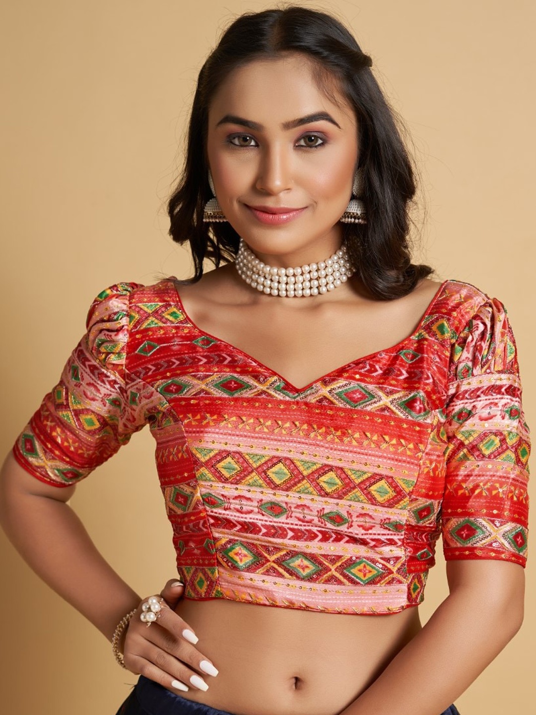 

HIMRISE Plus Size Printed Silk Saree Blouse, Red
