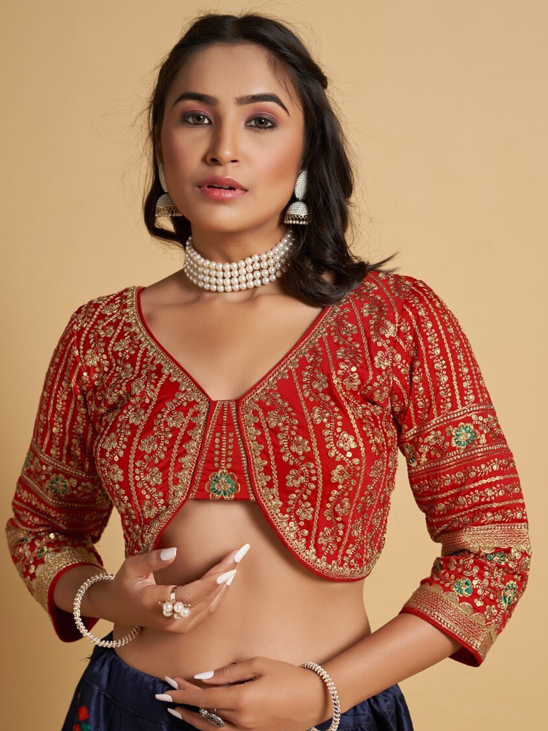 

HIMRISE Embroidery V Neck Saree Blouse, Red
