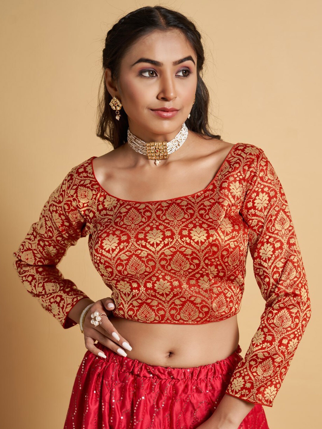 HIMRISE Jacquard Saree Blouse, Red