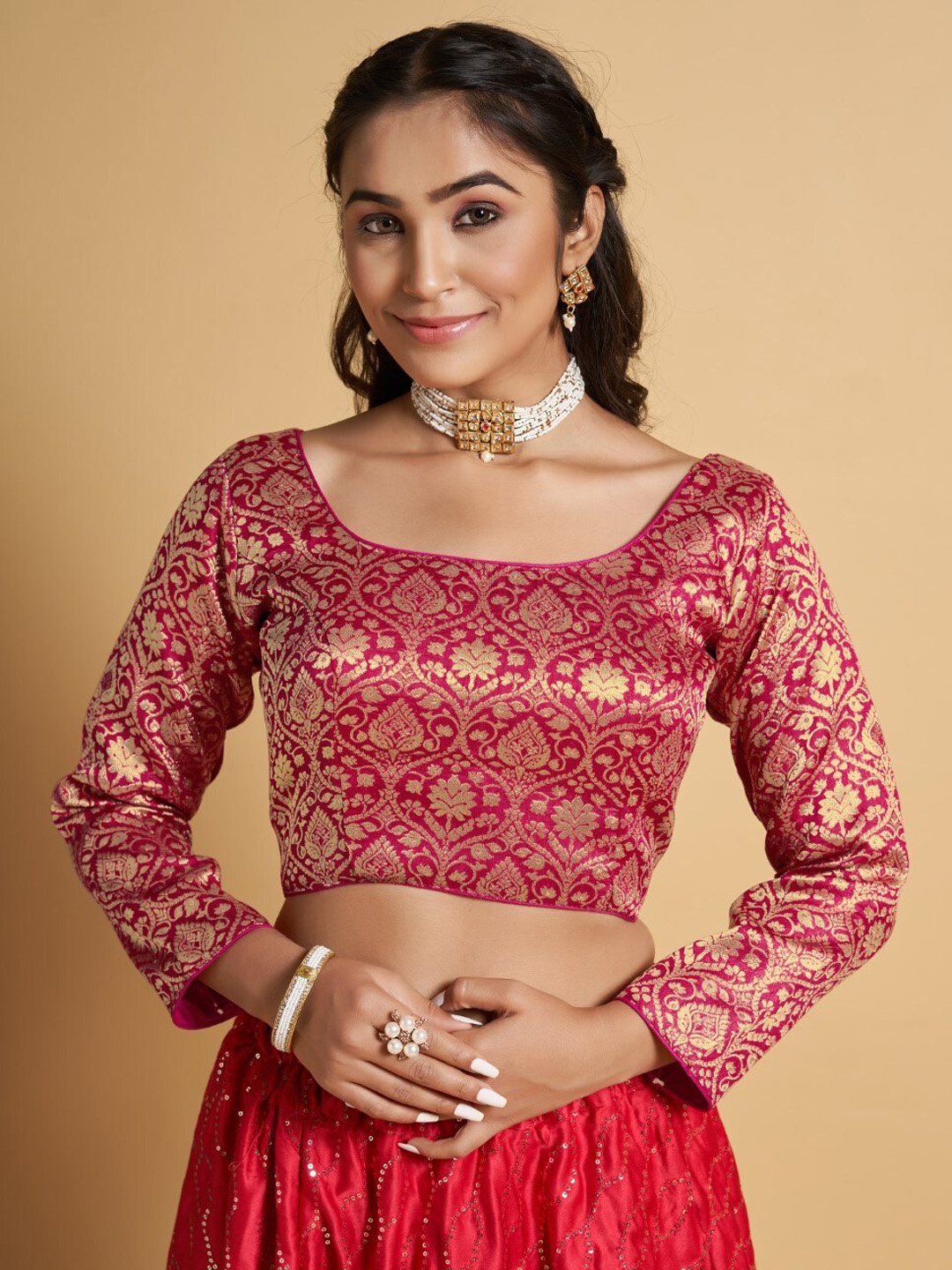 

HIMRISE Jacquard Full Sleeve Woven Saree Blouse, Pink
