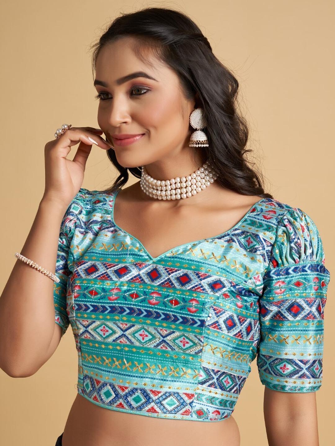 

HIMRISE Plus Size Printed Silk Saree Blouse, Blue