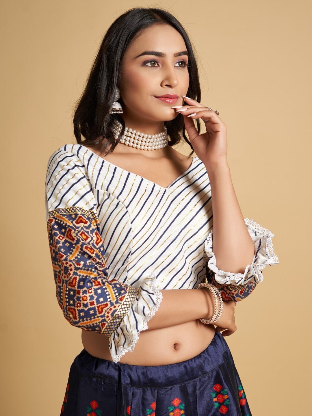 

HIMRISE V-Neck Printed Saree Blouse, Blue