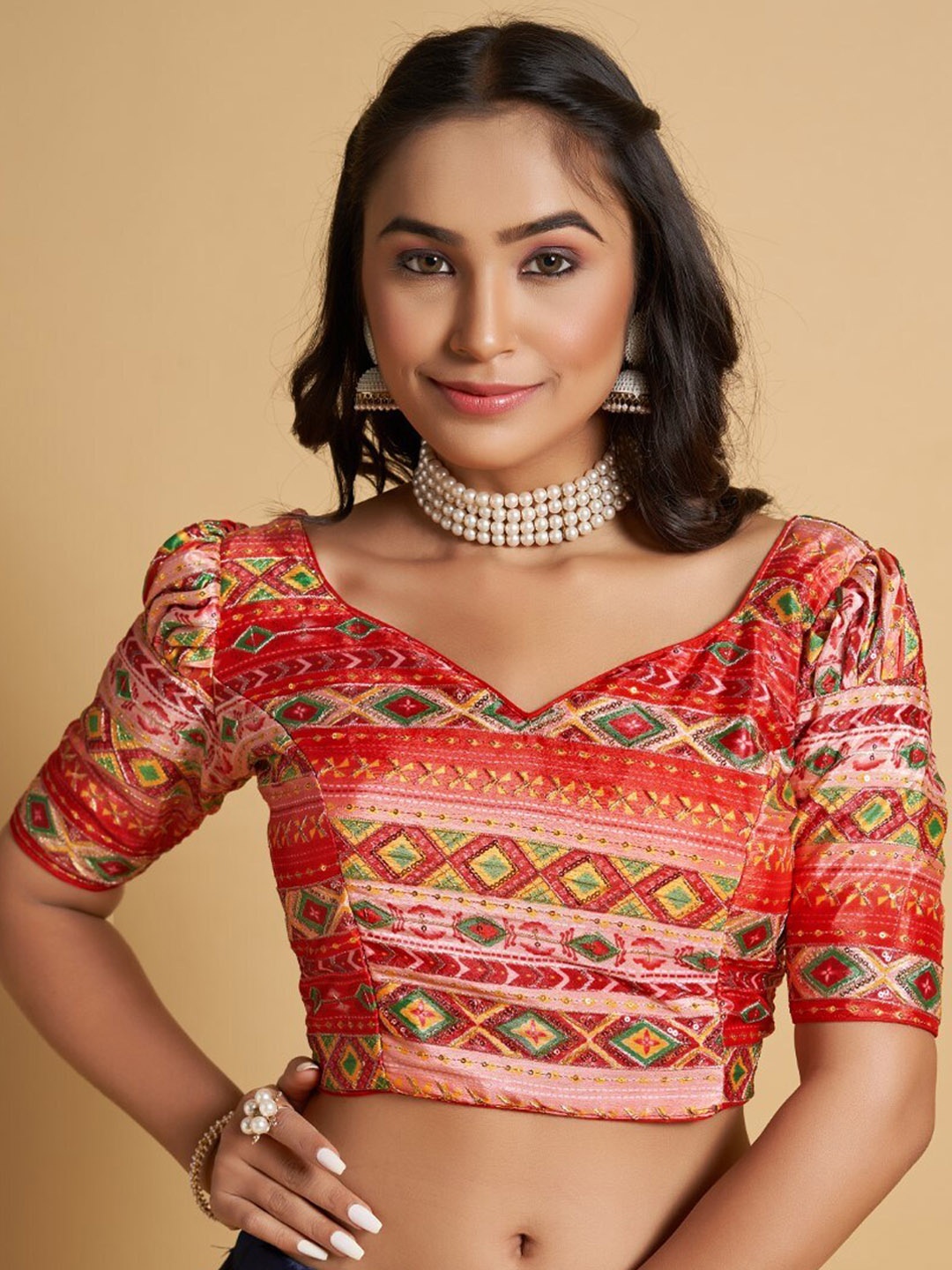 

HIMRISE Printed Silk Saree Blouse, Red