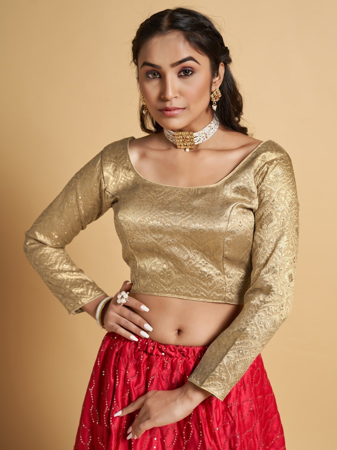 

HIMRISE Jacquard Full Sleeve Saree Blouse, Gold