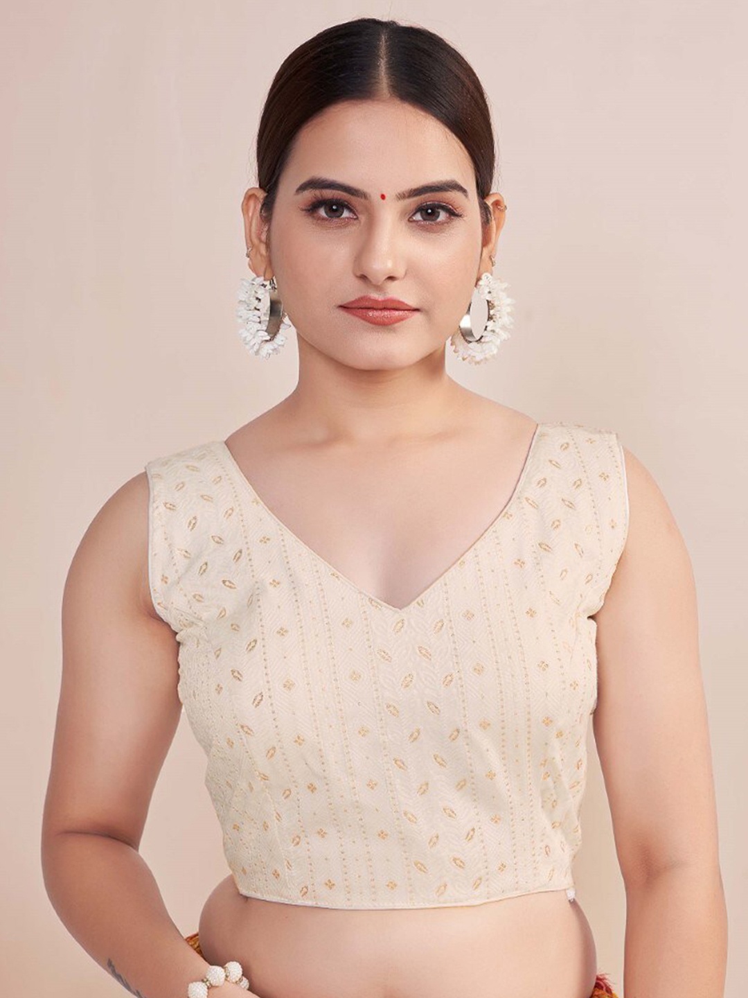 

HIMRISE Printed Sleeveless Saree Blouse, Cream