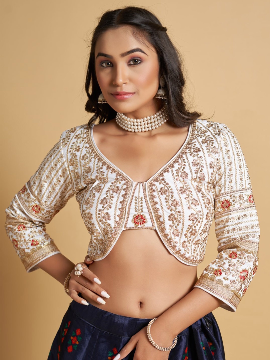 

HIMRISE Embroidered Silk Readymade Saree Blouse, White