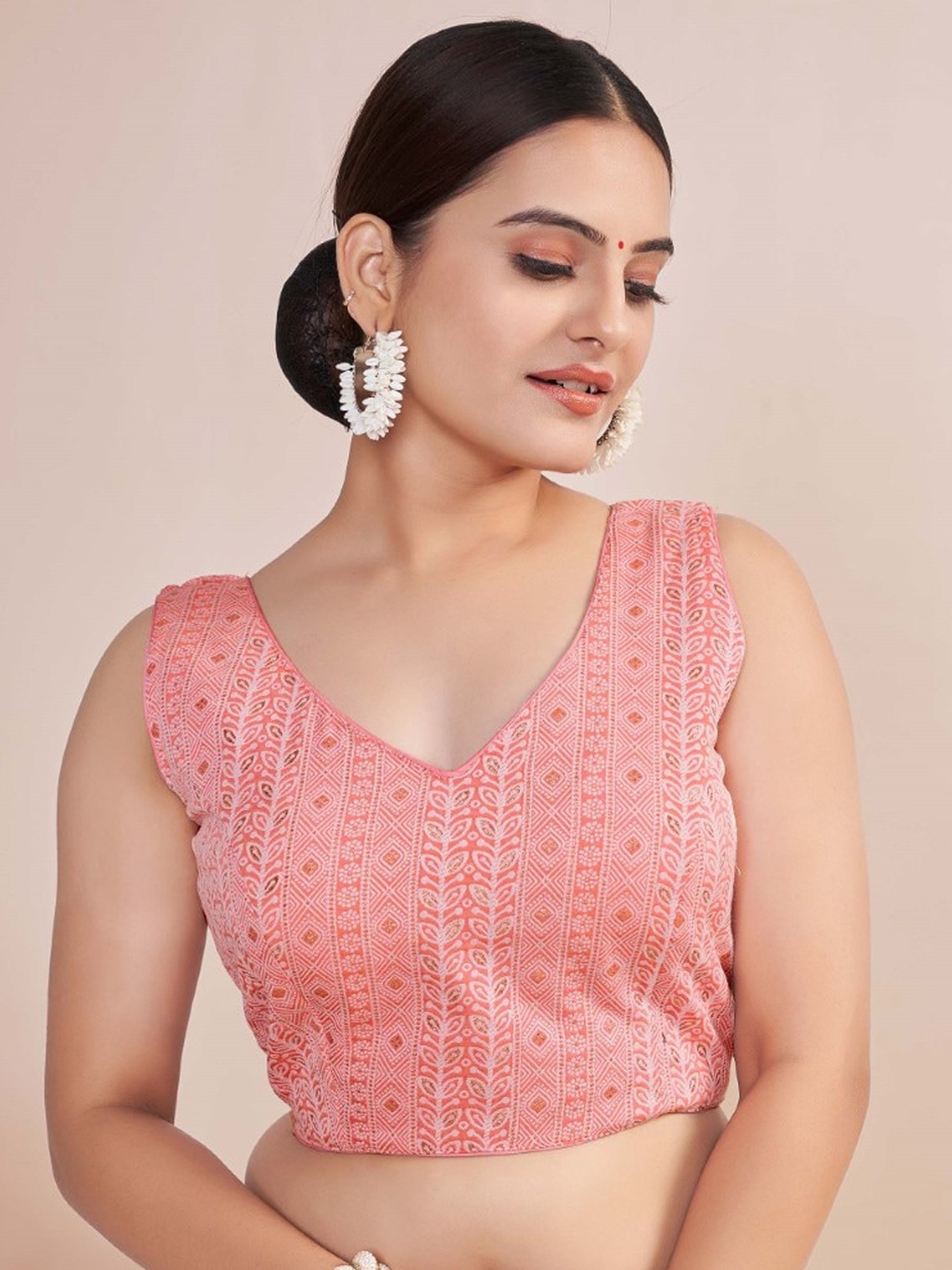 

HIMRISE Plus Size Printed Sleeveless Saree Blouse, Pink
