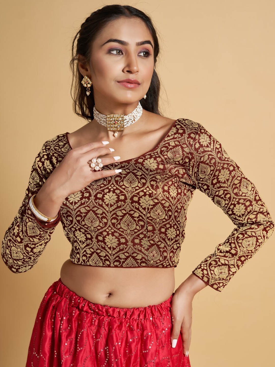 

HIMRISE Jacquard Full Sleeve Saree Blouse, Maroon