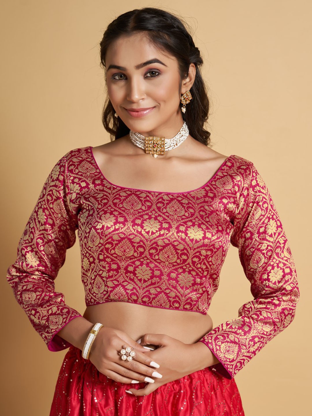 

HIMRISE Jacquard Woven Full Sleeve Saree Blouse, Pink