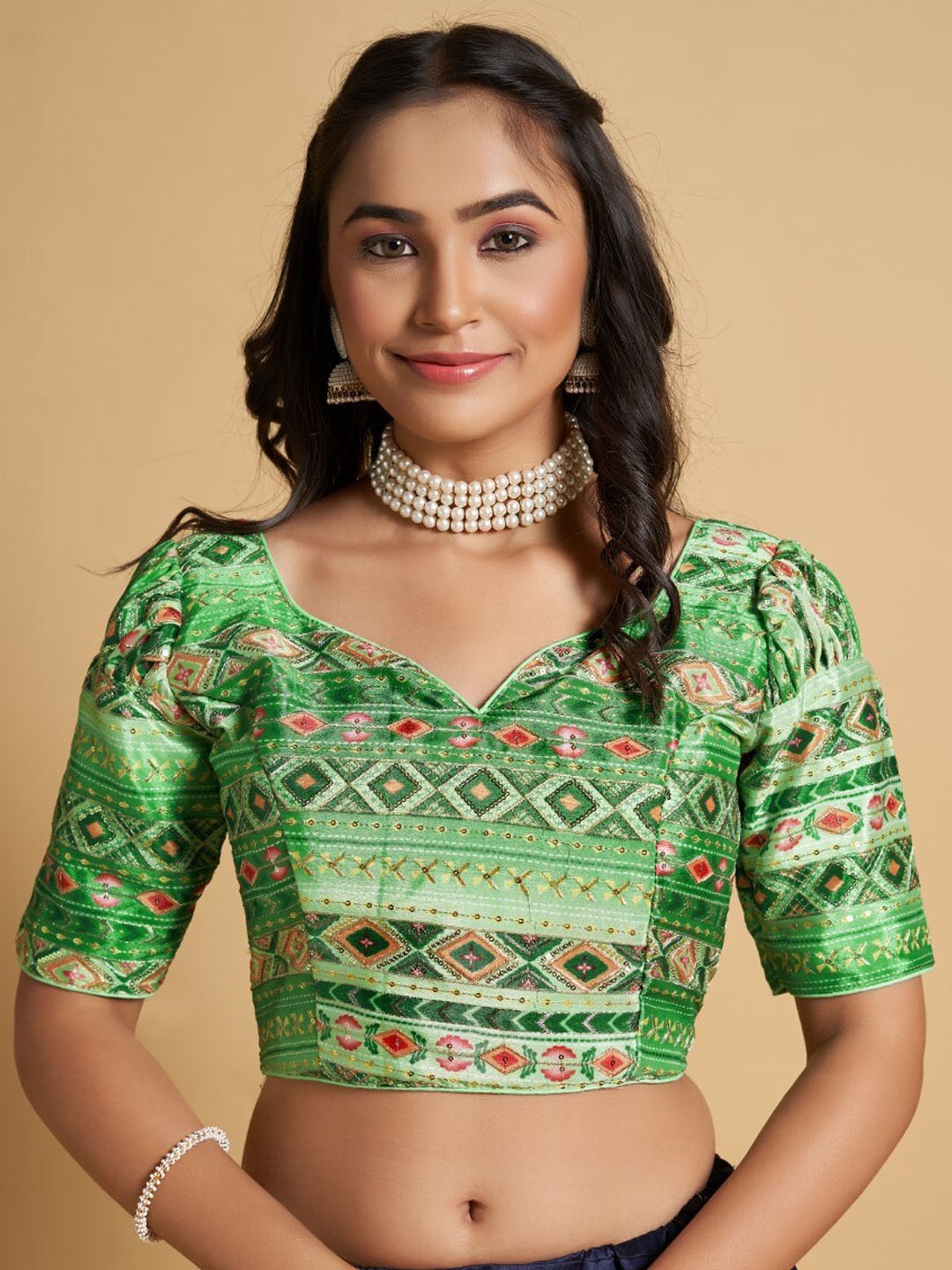 

HIMRISE Geometric Printed Silk Saree Blouse, Green