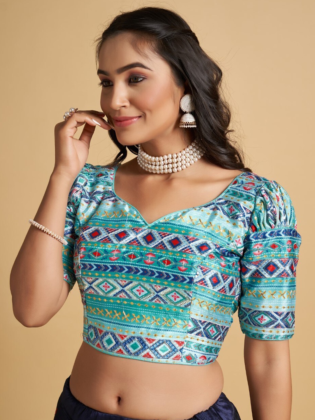 

HIMRISE Printed Silk Saree Blouse, Blue