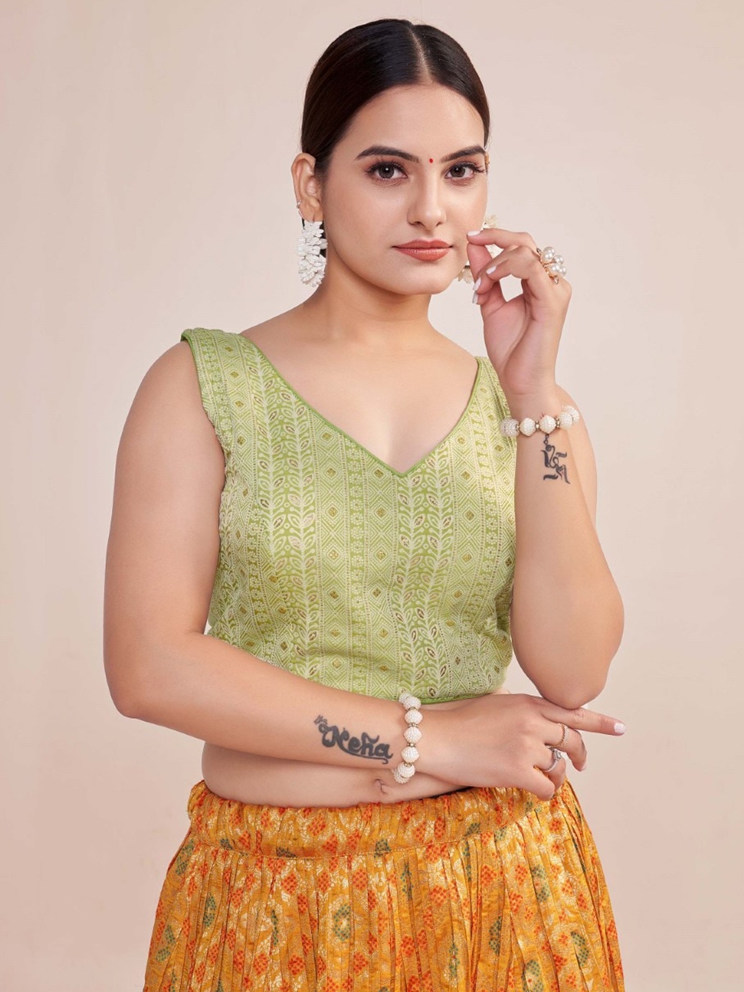 

HIMRISE Printed Sleeveless Saree Blouse, Sea green