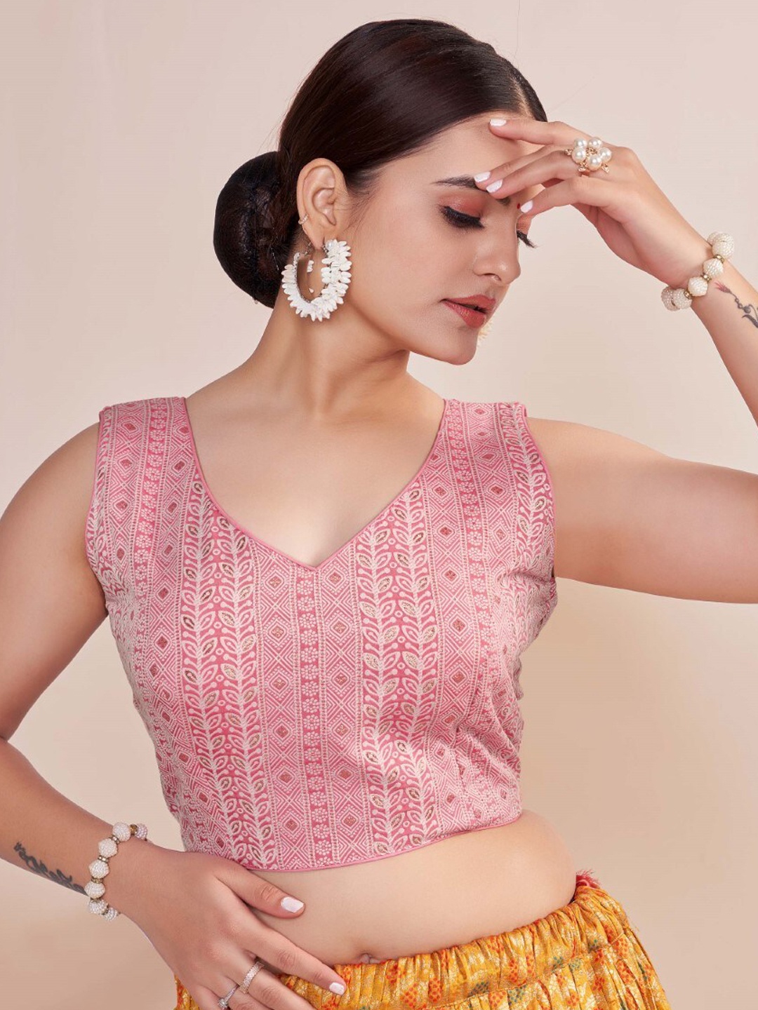 

HIMRISE V-Neck Printed Saree Blouse, Pink