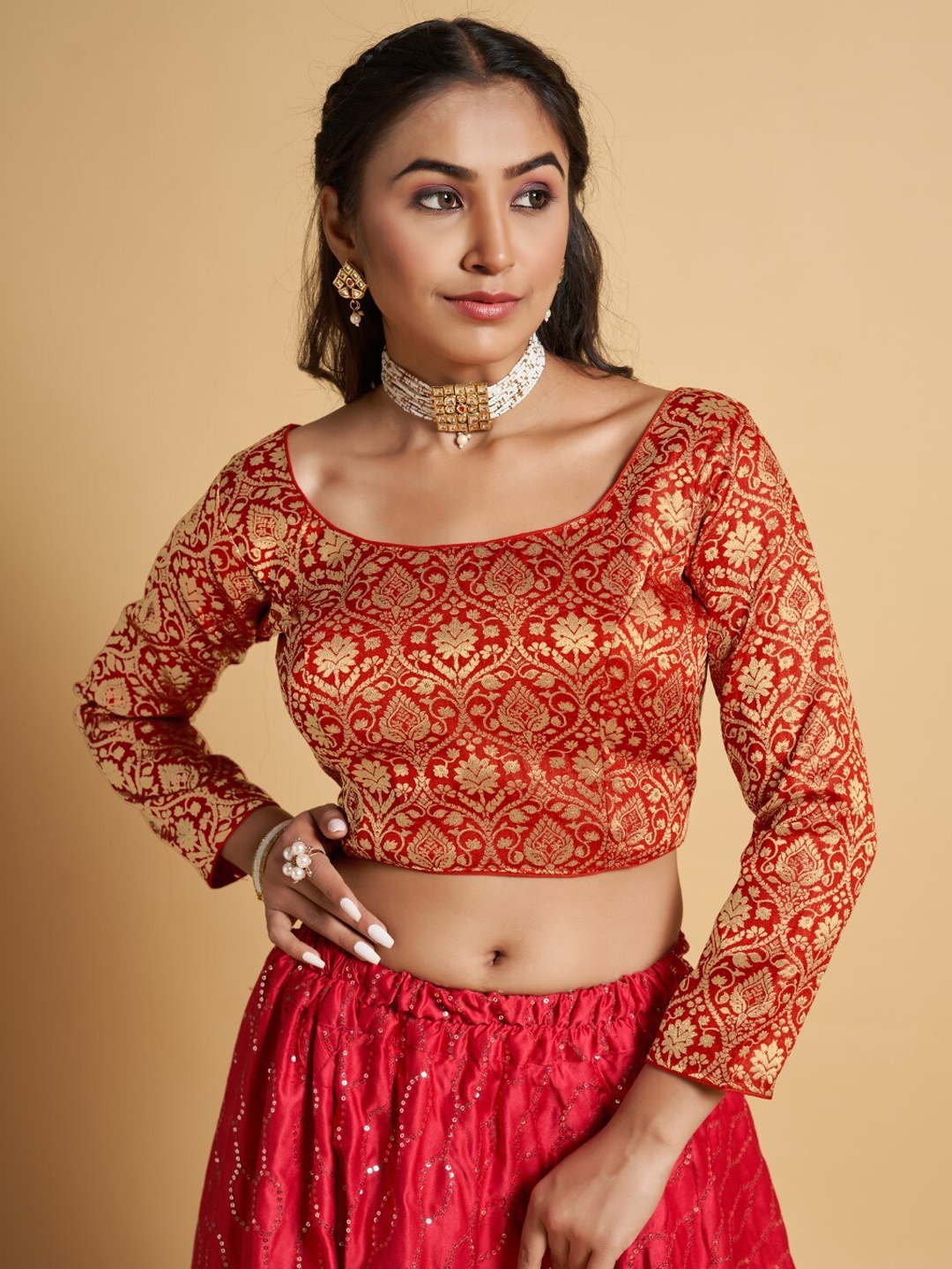 

HIMRISE Plus Size Jacquard Woven Full Sleeve Saree Blouse, Red