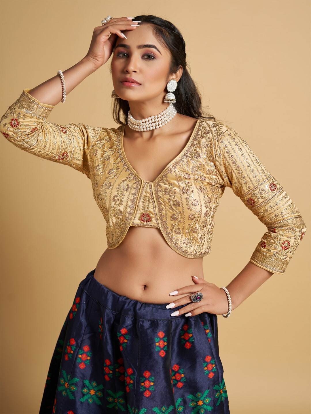 

HIMRISE Silk Embroidered V Neck Saree Blouse, Gold