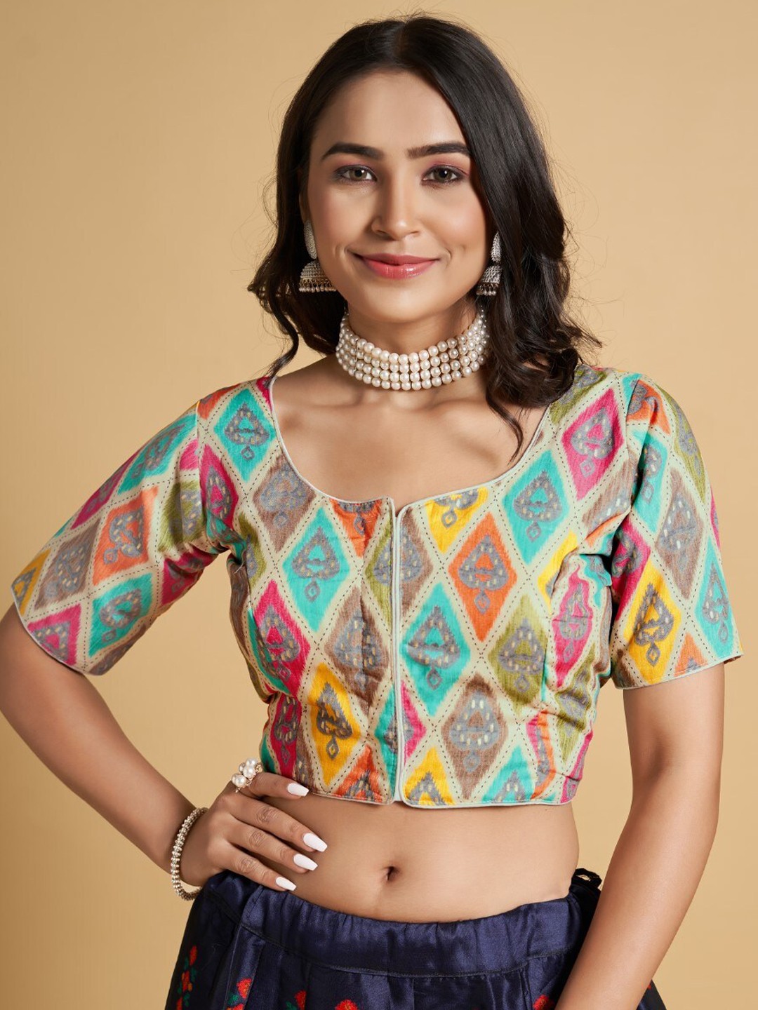 

HIMRISE Printed Round Neck Saree Blouse, Cream