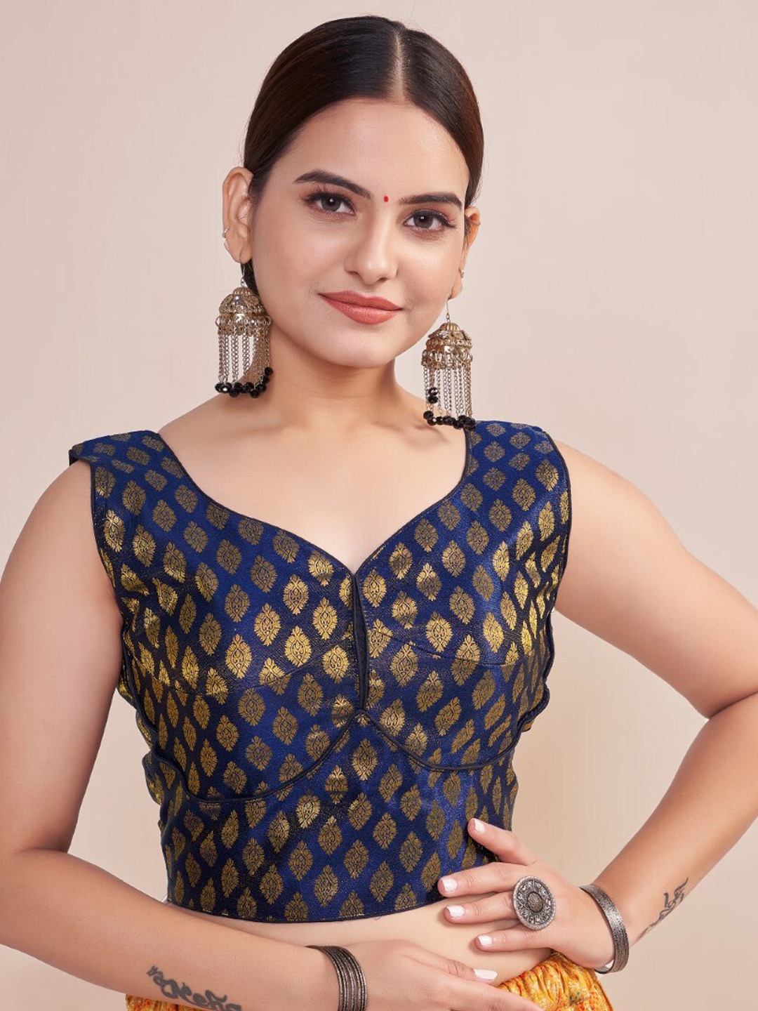 

HIMRISE Ethnic Motifs Woven Design Jacquard Saree Blouse, Navy blue