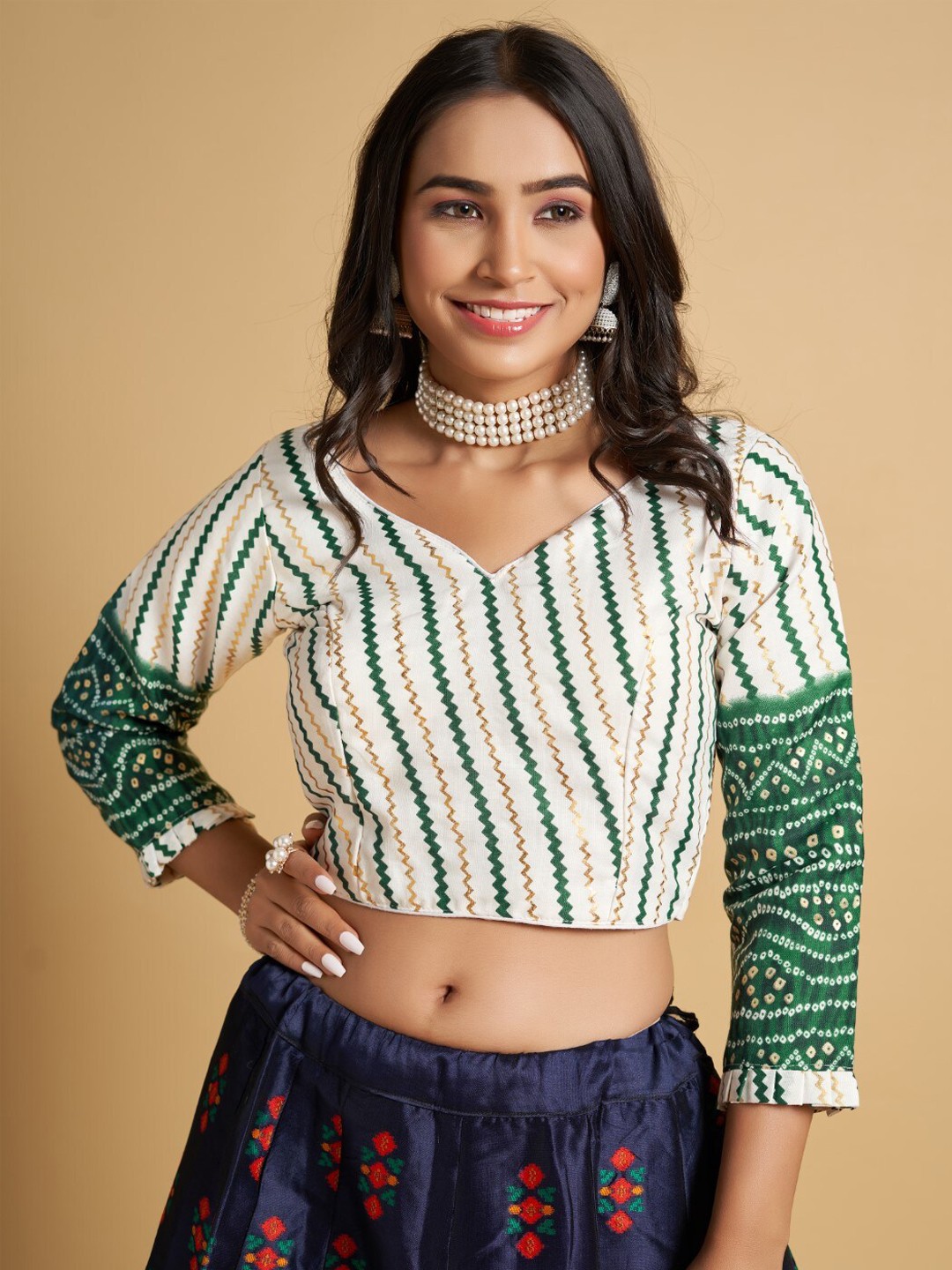 

HIMRISE V-Neck Printed Cotton Saree Blouse, White