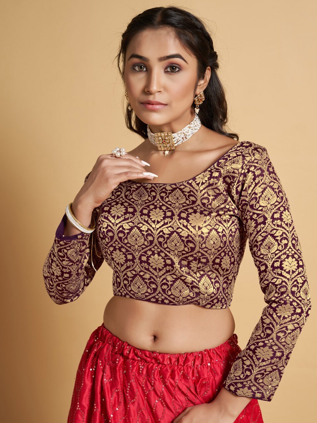 

HIMRISE Jacquard Full Sleeve Saree Blouse, Purple