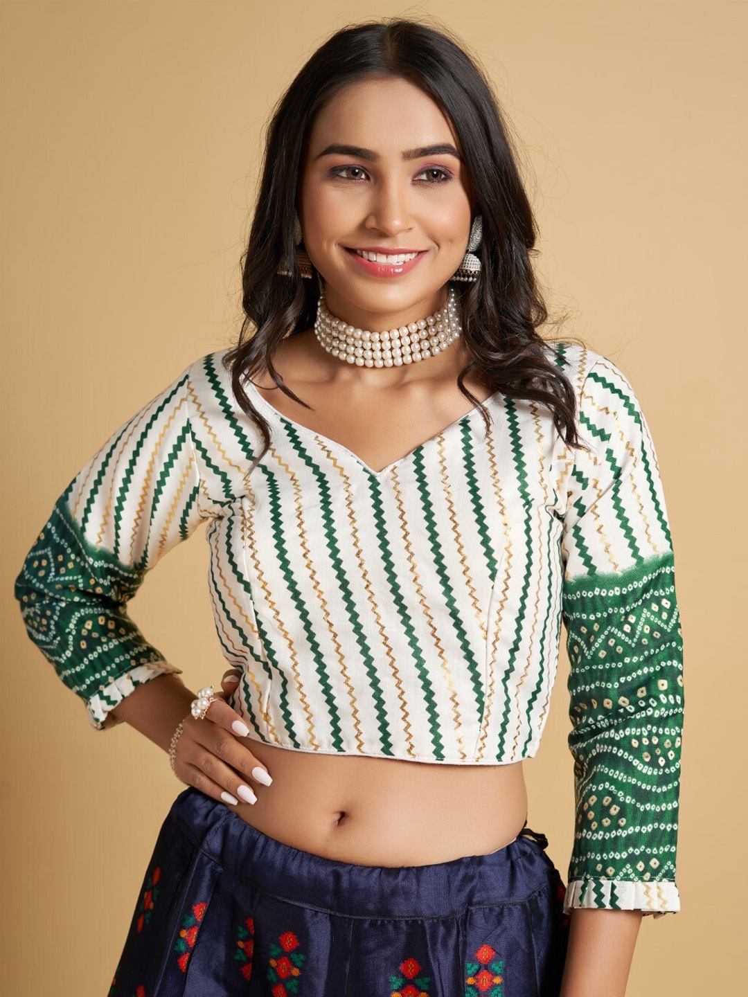 

HIMRISE Plus Size Printed Cotton Saree Blouse, Green