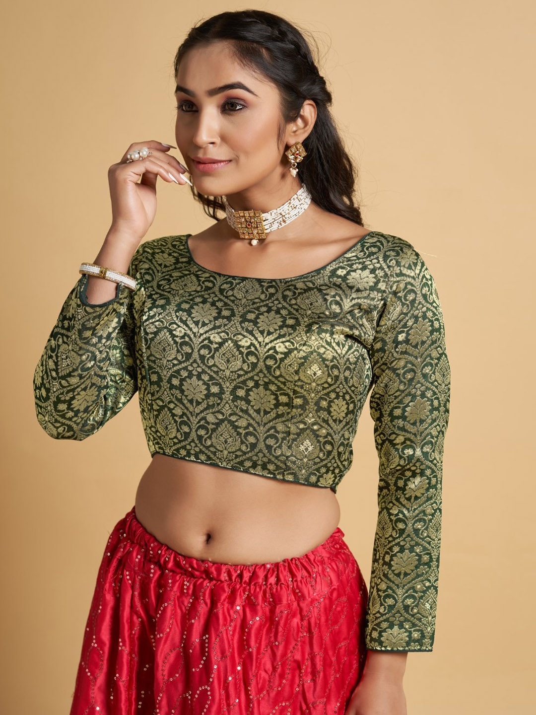 

HIMRISE Jacquard Woven Full Sleeve Saree Blouse, Green