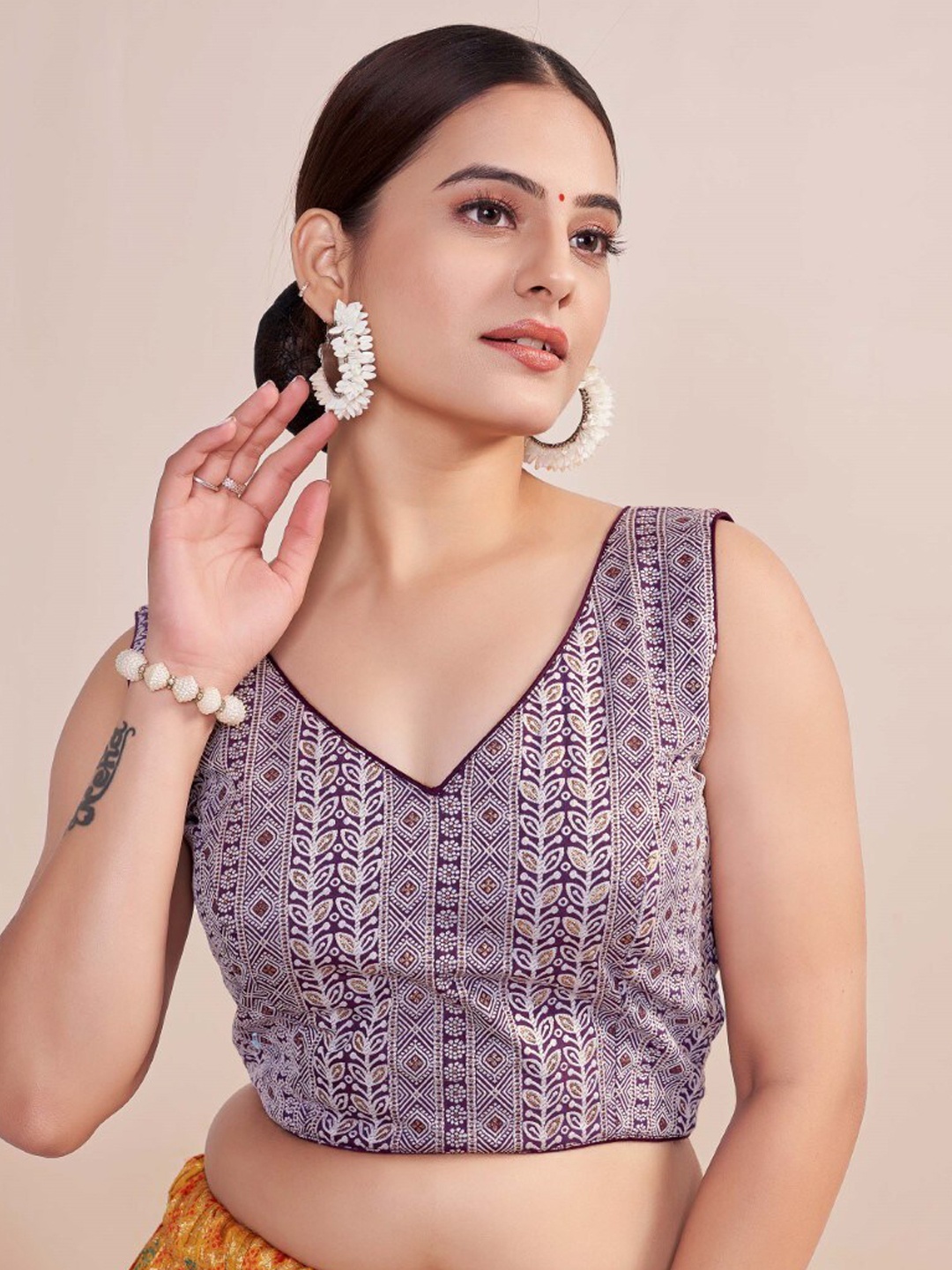 

HIMRISE Plus Size Printed Sleeveless Saree Blouse, Purple