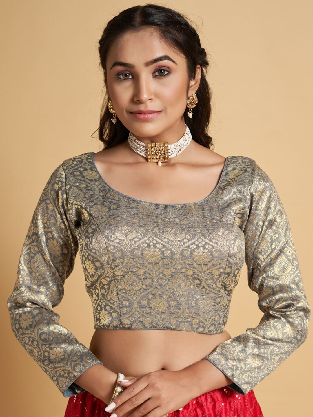 

HIMRISE Plus Size Jacquard Full Sleeve Woven Saree Blouse, Grey