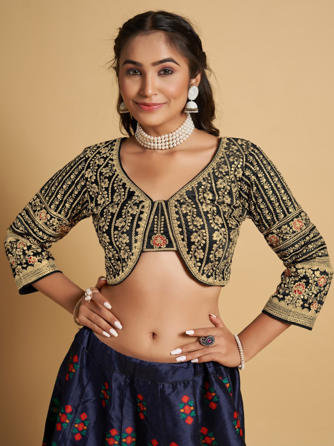 

HIMRISE Embroidered Silk Saree Blouse, Black