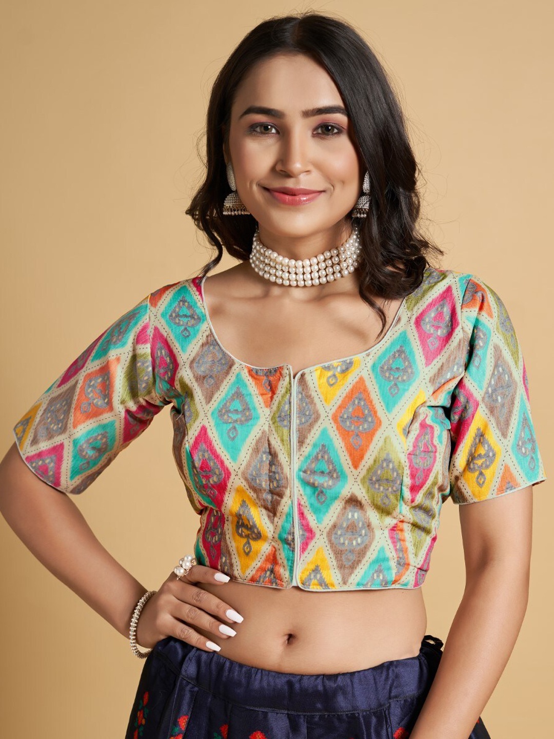 

HIMRISE Printed Round Neck Saree Blouse, Teal