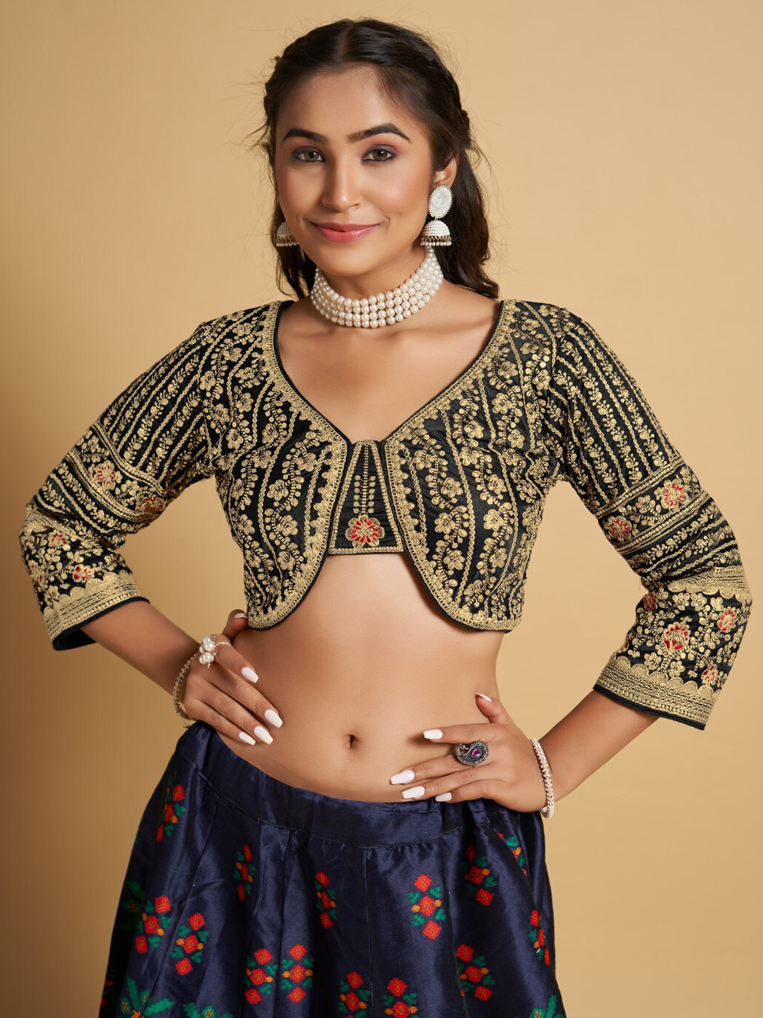 

HIMRISE Embroidered Silk Saree Blouse, Black