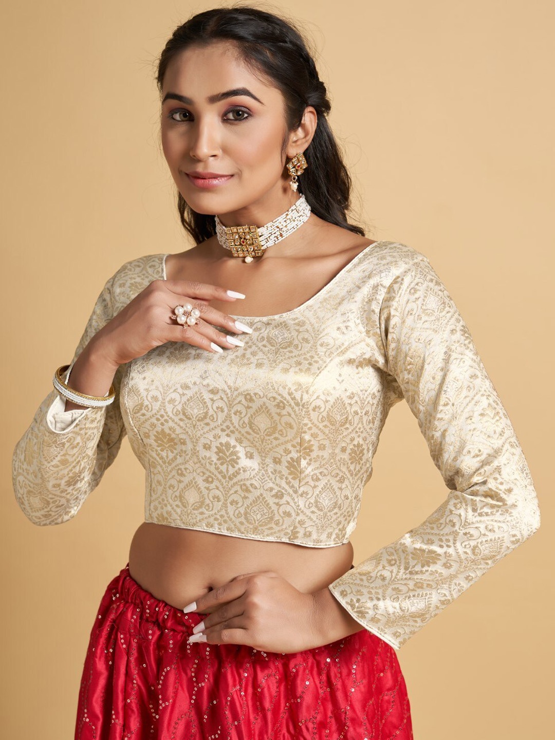 

HIMRISE Jacquard Woven Full Sleeve Saree Blouse, Cream