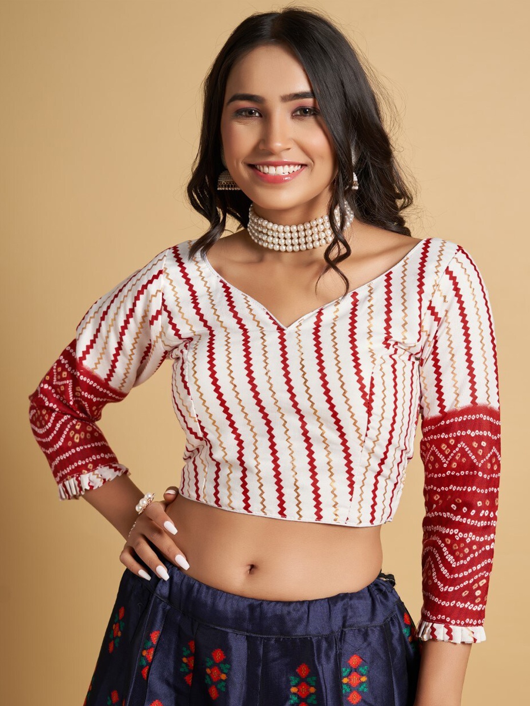 

HIMRISE V-Neck Printed Cotton Saree Blouse, Red