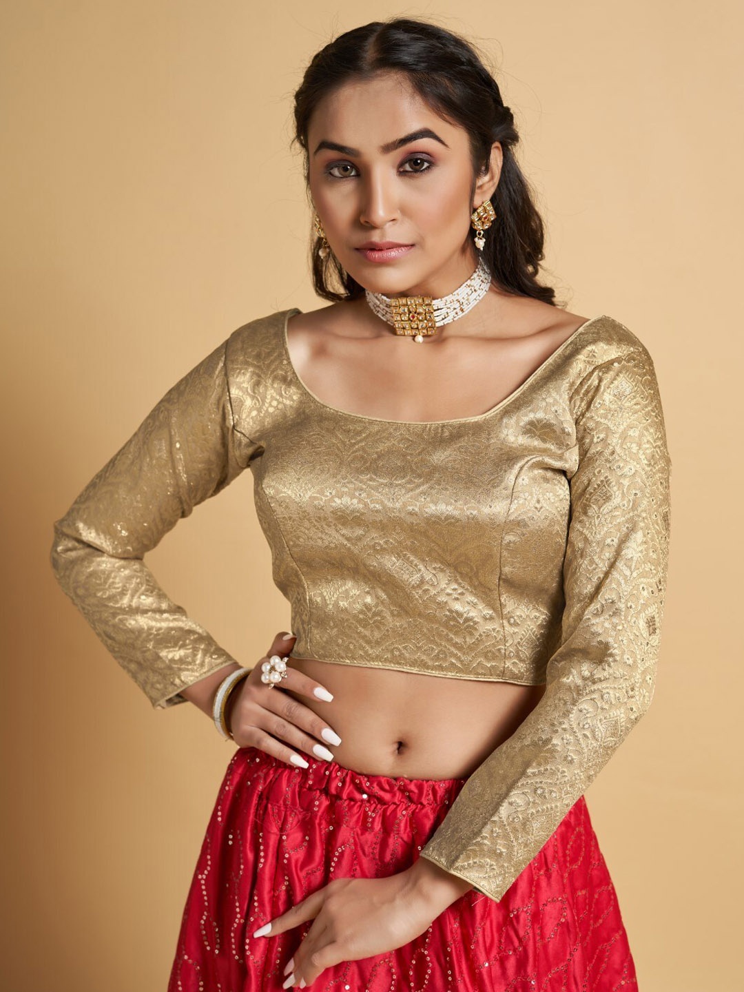 

HIMRISE Jacquard Woven Round Neck Saree Blouse, Gold