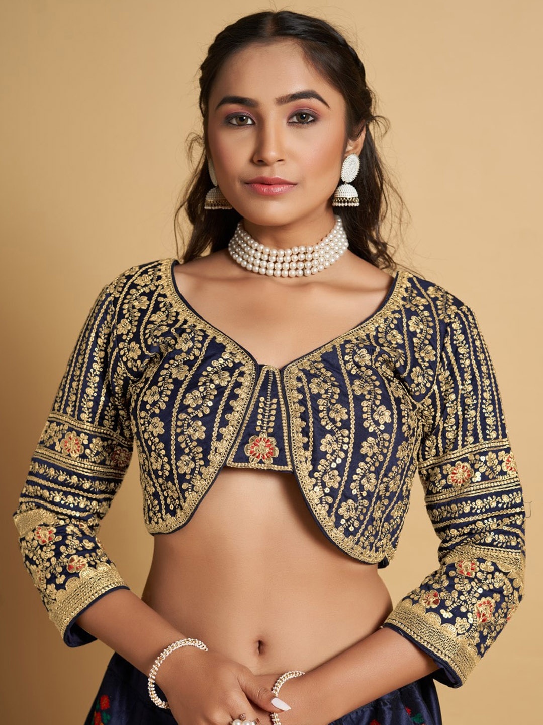 

HIMRISE Embroidered V-Neck Silk Saree Blouse, Navy blue