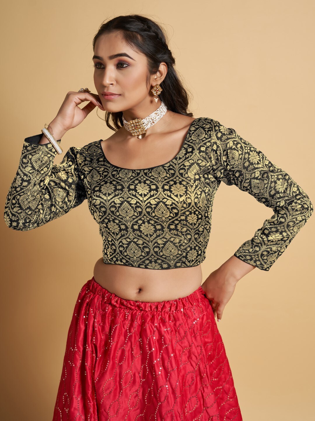 

HIMRISE Ethnic Motifs Woven Design Jacquard Saree Blouse, Black