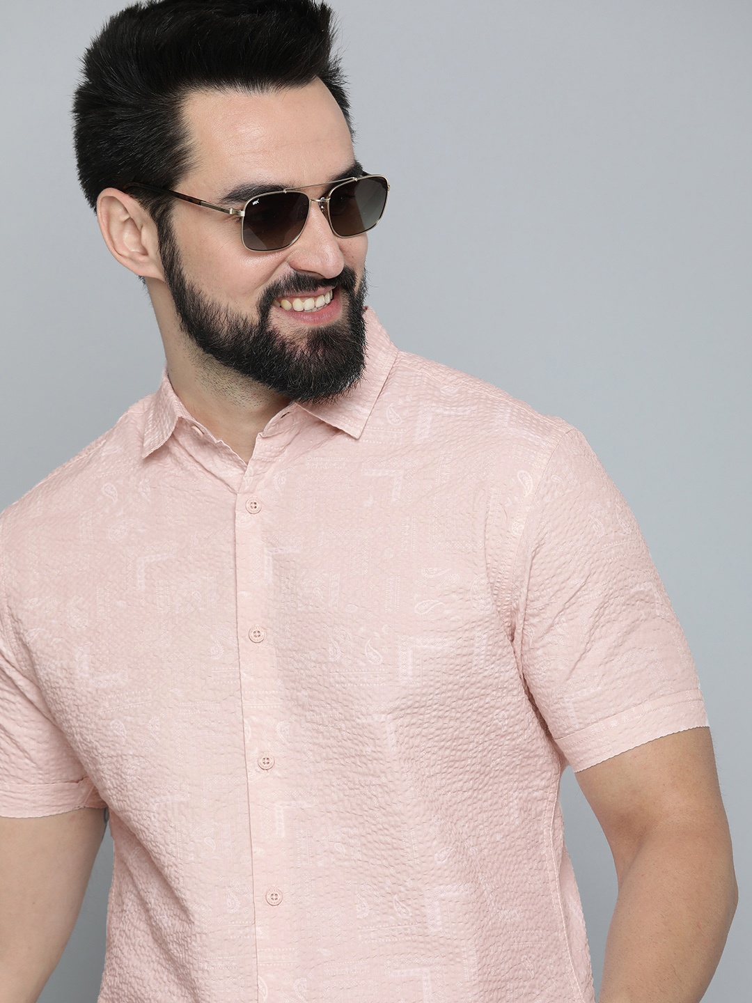 

HERE&NOW Men Slim Fit Opaque Printed Casual Shirt, Pink